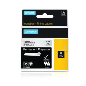 Dymo Original IND-Tape for Rhino, 19mm x 5.5m, Permanent Polyester, Black on Clear