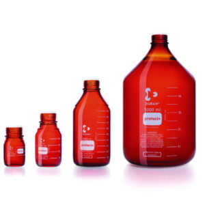 DWK Duran Laboratory Glass Bottle GL 45, Amber, Protect+ Plastic-Coated (PA12) with Dust Cap - 1000 mL