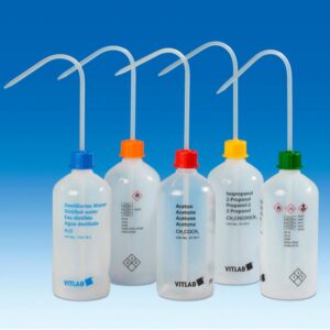 VITLAB Safety Washing Bottle 500 ml Narrow Neck, PE-LD, GL 25, Xylene, with VENT CAP Screw Connection