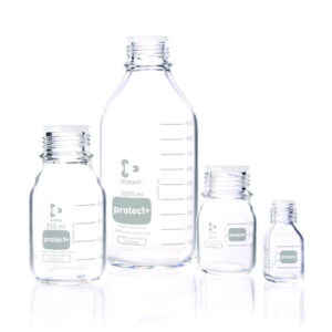 DWK Duran Laboratory Glass Bottle, GL 45, Clear, Plastic Coated (PA12), with Dust Cap, 2000 mL