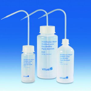 VITLAB Wash-bottle 250 ml, with print PE-LD, GL 45, Dest. water with wash-bottle attachment, PP